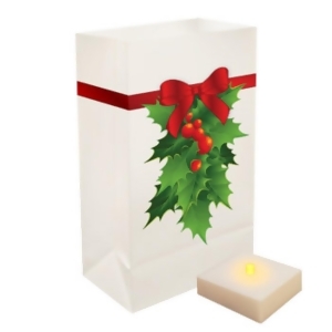 Pack of 6 Christmas Holly Luminaria Bags with Flickering Amber Led Flameless LumaLites - All