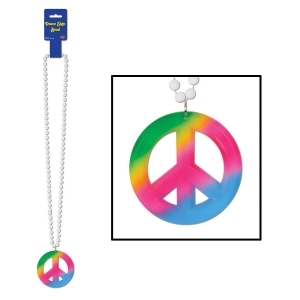 Pack of 12 White Beaded Necklace with Tie-Dyed Peace Sign Medallion 36 - All