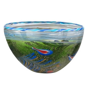 12 Green Moss and Blue Red and Yellow Feather Decorative Hand Blown Glass Bowl - All