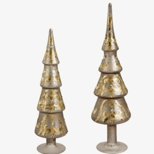 Set of 2 Silver and Gold Glitter and Jewel Tree-Shaped Finial Table Top Christmas Decorations - All