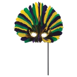 Club Pack of 12 Festive Green Golden-Yellow and Purple Feathered Mardi Gras Masquerade Masks - All