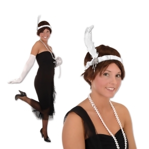 Club Pack of 12 White Satin Flapper Headbands with White Feathers and Silver Beads - All