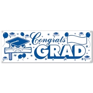 Club Pack of 12 Blue and White Congrats Grad Sign Hanging Banners 60 - All