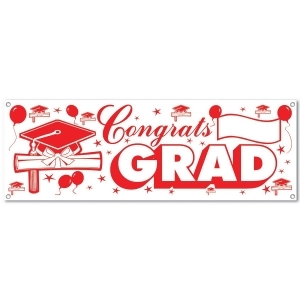 Club Pack of 12 Red and White Congrats Grad Sign Hanging Banners 60 - All