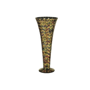 15.75 Green Gold and Amber Brown Zigzag Herringbone Decorative Hand Set Mosaic Glass Vase - All