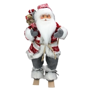 18 Alpine Chic Red and Gray Snowflake Skiing Santa with Gift Bag Decorative Christmas Figure - All