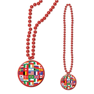 Pack of 12 Red Beaded Necklaces with International Flag Medallions 33 - All