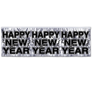 Club Pack of 12 Silver and Black Metallic Happy New Year Fringe Party Decoration Banner 4' - All