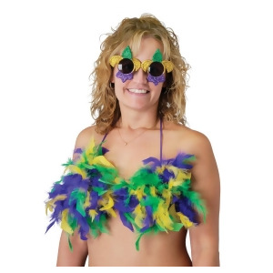 Pack of 12 Purple Green and Gold Feathered Adjustable Mardi Gras Bikini Tops - All