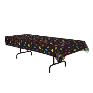 Club Pack of 12 80's Style Tablecovers Black with Neon Pixelated Characters Rectangle 54'' x 108'' - All