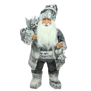24 Alpine Chic Standing Santa Claus in Gray and White with a Bag and Lantern Christmas Figure - All