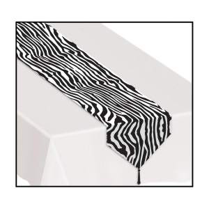 Club Pack of 12 Black and White Zebra Print Table Runners with Tassel 6' - All