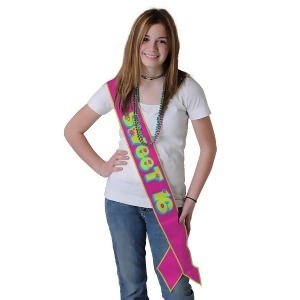 Pack of 6 Sweet 16 Satin Decorative Hot Pink Lime Green and Blue Satin Sash 33 - All