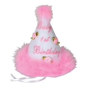 Club Pack of 6 Medium Head Size Baby's 1st Birthday Pink Party Cone Hat with Ribbon Ties 6.5 - All