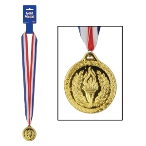 Club Pack of 12 Red White and Blue Ribbon with Gold Medal Necklaces 30 - All