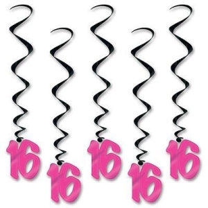 Pack of 30 Black Cerise Pink 16th Birthday Metallic Spiral Hanging Party Decoration Whirls 36 - All
