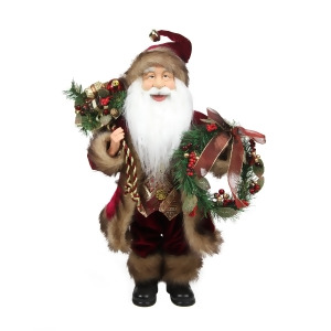 18 Country Cabin Santa Claus in Burgundy Holding a Wreath and Gift Bag Christmas Figure - All