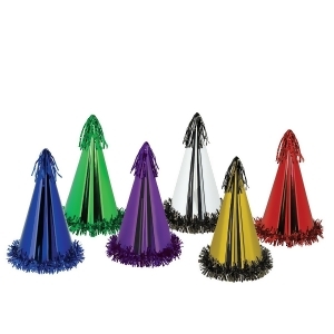 Club Pack of 25 Assorted Colors Fun and Festive Fringed Foil Cone Party Hats 12.5 - All