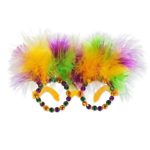 Club Pack of 12 Gold Green and Purple Feathers Gems Mardi Gras Glasses Party Favors - All