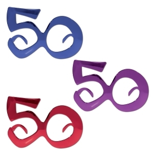 Pack of 6 Blue Purple and Red ''50'' Birthday Fanci-Frame Eyeglass Party Favor Costume Accessories - All