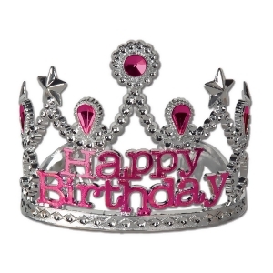 Club Pack of 12 Silver and Pink ''Happy Birthday'' Tiaras - All