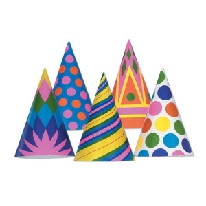 Club Pack of 144 Multi-Colored Geometric Patterned Fun and Festive Party Cone Hat 7 - All