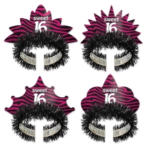 Club Pack of 24 Black and Pink Zebra Print Sweet 16 Fringed Tiara Costume Accessories - All