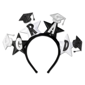 Club Pack of 12 Black and White Glittered Grad Headband Party Favors - All