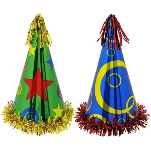 Club Pack of 12 Multi-Colored Fun and Festive Fringed Printed Foil Cone Party Hats 12.5 - All
