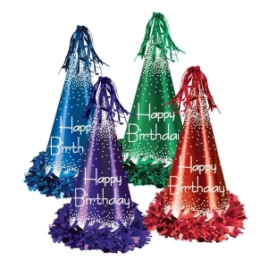 Club Pack of 12 Red Blue Purple and Green Fringed Foil Happy Birthday Party Hats 12.5 - All