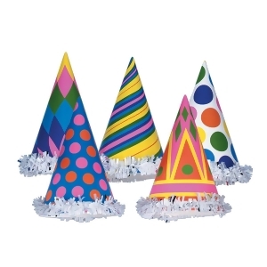 Club Pack of 144 Multi-Colored Geometric Patterned Fun and Festive Party Fringed Cone Hat 6 - All