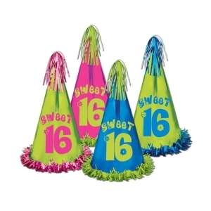 Club Pack of 12 Assorted Colors Fun and Festive Fringed Foil Sweet 16 Party Hats 12.5 - All