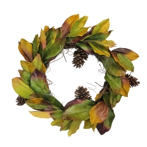 24 Decorative Artificial Autumn Magnolia Leaf and Pine Cone Wreath Unlit - All