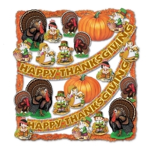 25-Piece Pilgrims Turkeys and Pumpkins Fire Resistant Happy Thanksgiving Trimorama Decorating Kit - All