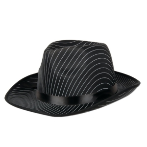 Pack of 12 Black Satin Band White Pinstripes Gangster Novelty Hat - All