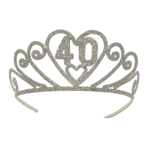 Club Pack of 6 Silver Glitter Encrusted Metal Tiara Costume Accessories - All