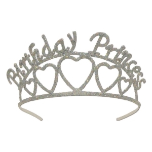 Club Pack of 6 Silver Glitter Encrusted Metal Birthday Princess Tiara Costume Accessories - All