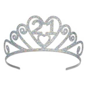 Club Pack of 6 Silver Glitter Encrusted Metal Princess Tiara Costume Accessories - All