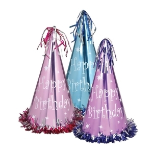 Club Pack of 12 Assorted Pastel Colored Fringed Foil Happy Birthday Party Hats 12.5 - All