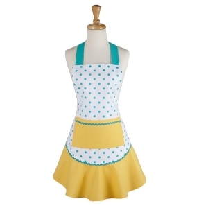 28.5 White Aqua Blue and Yellow Polka Dotted Women's Kitchen Apron w/ Large Front Pocket - All