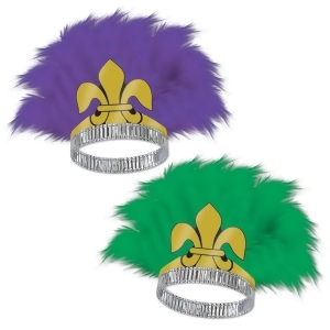 Club Pack of 25 Purple and Green Fleur De Lis Feathered Tiaras - All