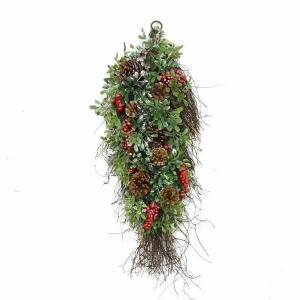 28 Glittered Artificial Boxwood Pine Cone and Red Berry Christmas Teardrop Swag- Unlit - All