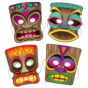 Club Pack of 12 Assorted Hawaiian Luau Tiki Novelty Masks with Elastic - All
