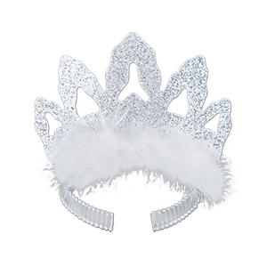 Club Pack of 72 Silver White Feathered Radiant Coronet PartyTiara - All