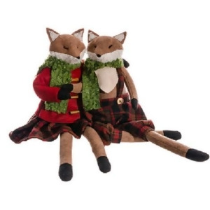 Country Cabin Set of 2 Friendly Mr. and Mrs. Fox Wearing Plaid Overalls and Skirt Christmas Figures - All