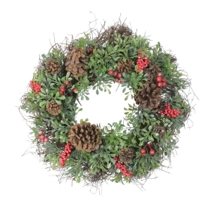 24 Glittered Artificial Boxwood Pine Cone and Red Berry Christmas Wreath Unlit - All