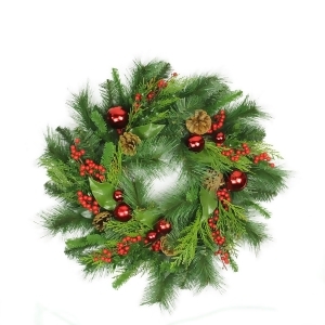 24 Mixed Hampton Pine Cone Berry and Red Ball Ornament Artificial Christmas Wreath Unlit - All