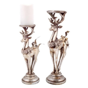 Set of 2 Distressed Silver Deer Pillar Candle Holder Christmas Decorations 16 - All