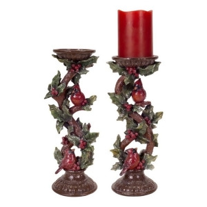 Set of 2 Cardinal Bird and Holly Leaf Christmas Pillar Candle Holders 13.25 - All