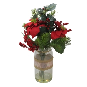 16.5 Artificial Red Poinsettia Holly and Pine Christmas Arrangements with Glass Vase - All